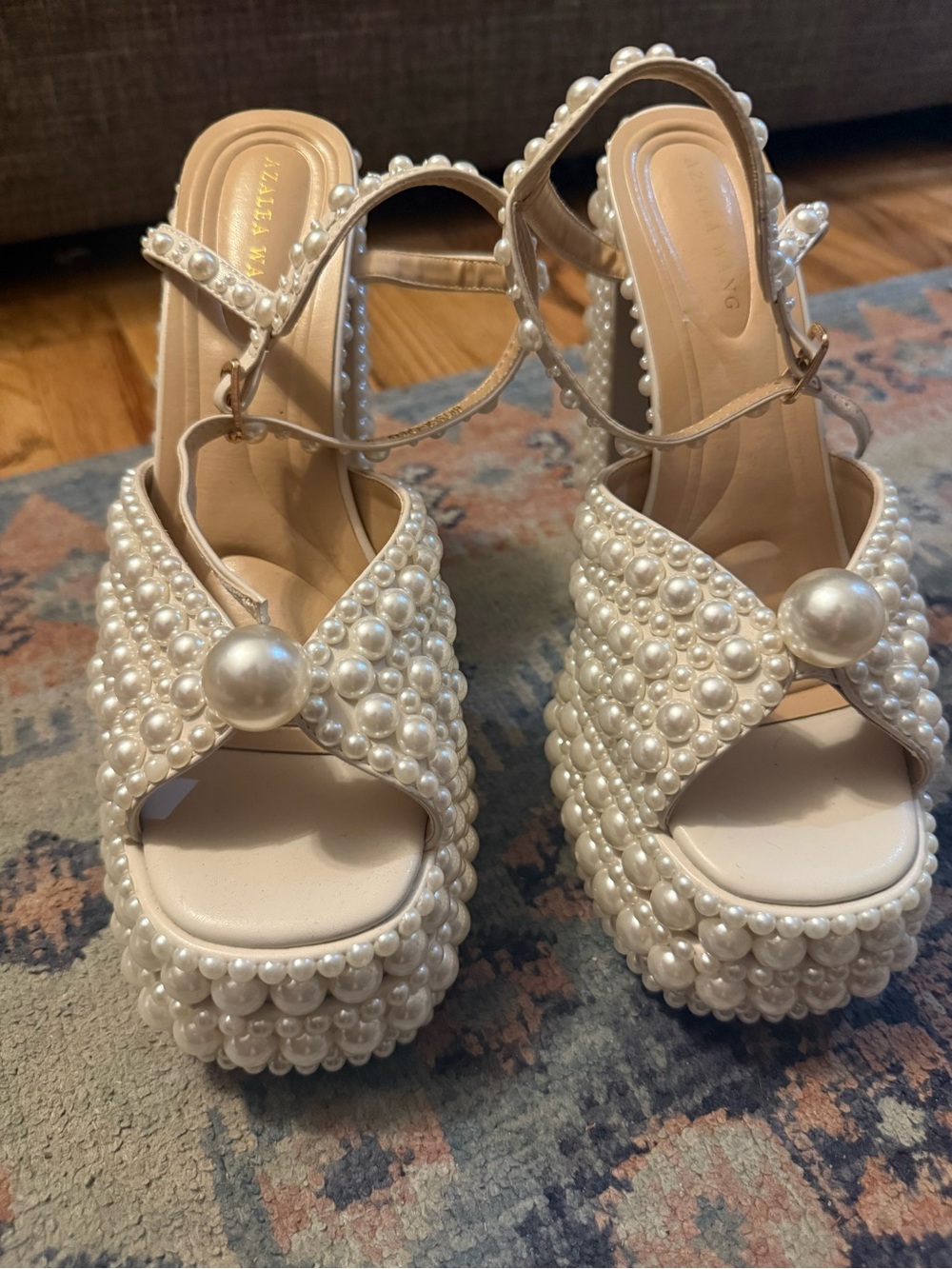 Pearl-Accented Cream Platform Sandals with Ankle Strap